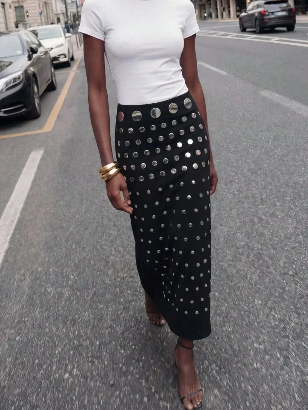 Black Elegant Studded Women's Straight Skirt